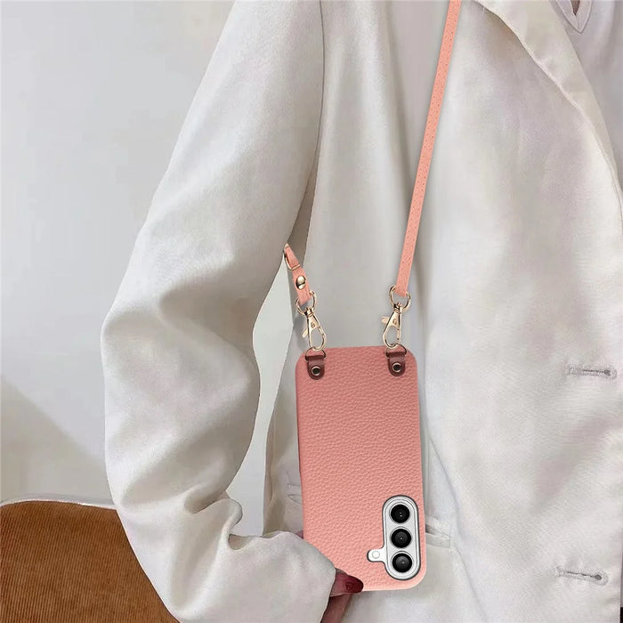 For Samsung Galaxy A56 5G Litchi Pattern Case with Lanyard Shockproof PC PU Leather Cover - Pink - 5