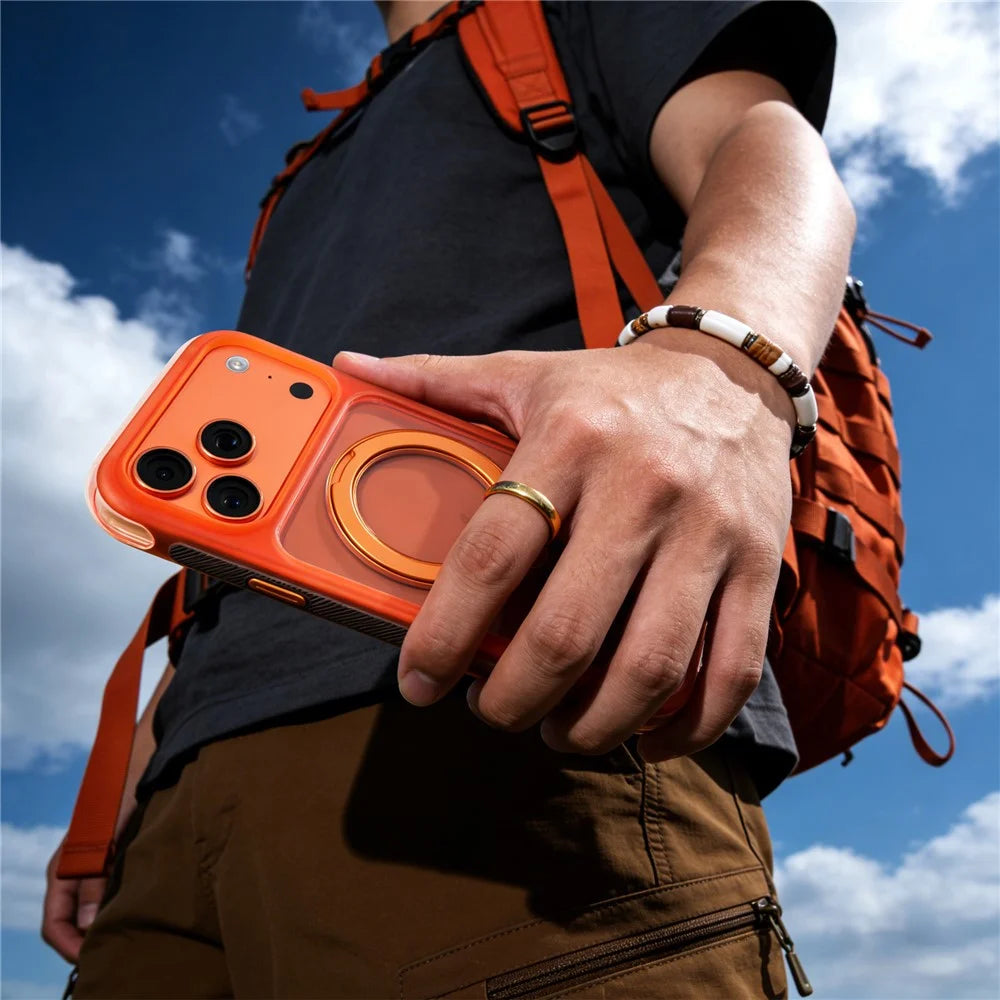 MUTURAL for iPhone 17 Pro Magnetic Case Rotating Kickstand PC + TPU Airbag Drop Protection Phone Cover - Orange - 6