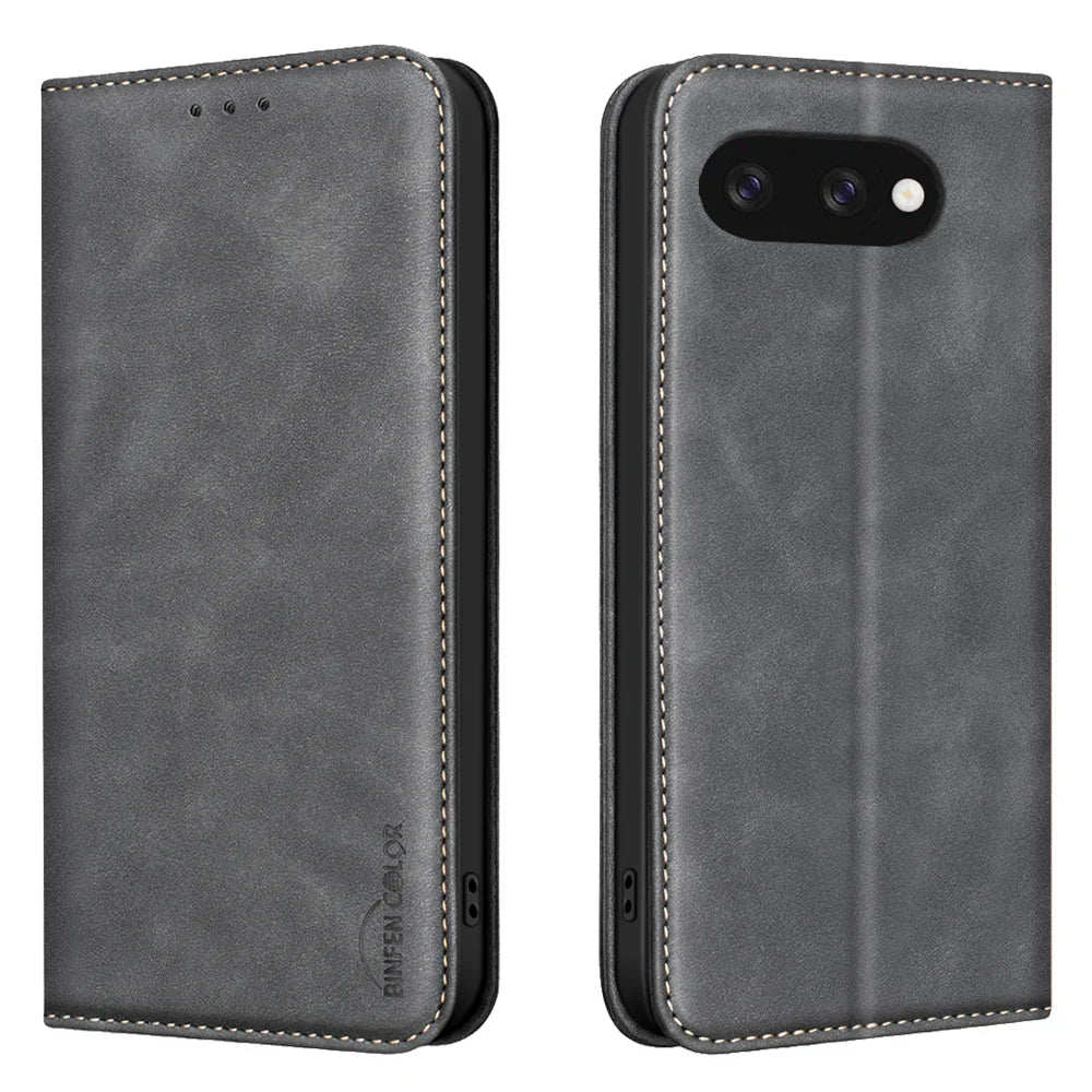 BINFEN COLOR for Google Pixel 9a RFID Blocking Calf Texture PU Leather Phone Cover - Black - 1