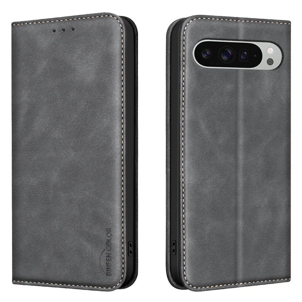 BINFEN COLOR for Google Pixel 9 Pro XL / Google Pixel 10 Pro XL RFID Blocking Calf Texture PU Leather Phone Cover - Black - 1