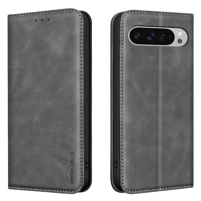 BINFEN COLOR for Google Pixel 9 Pro XL / Google Pixel 10 Pro XL RFID Blocking Calf Texture PU Leather Phone Cover - Black - 1