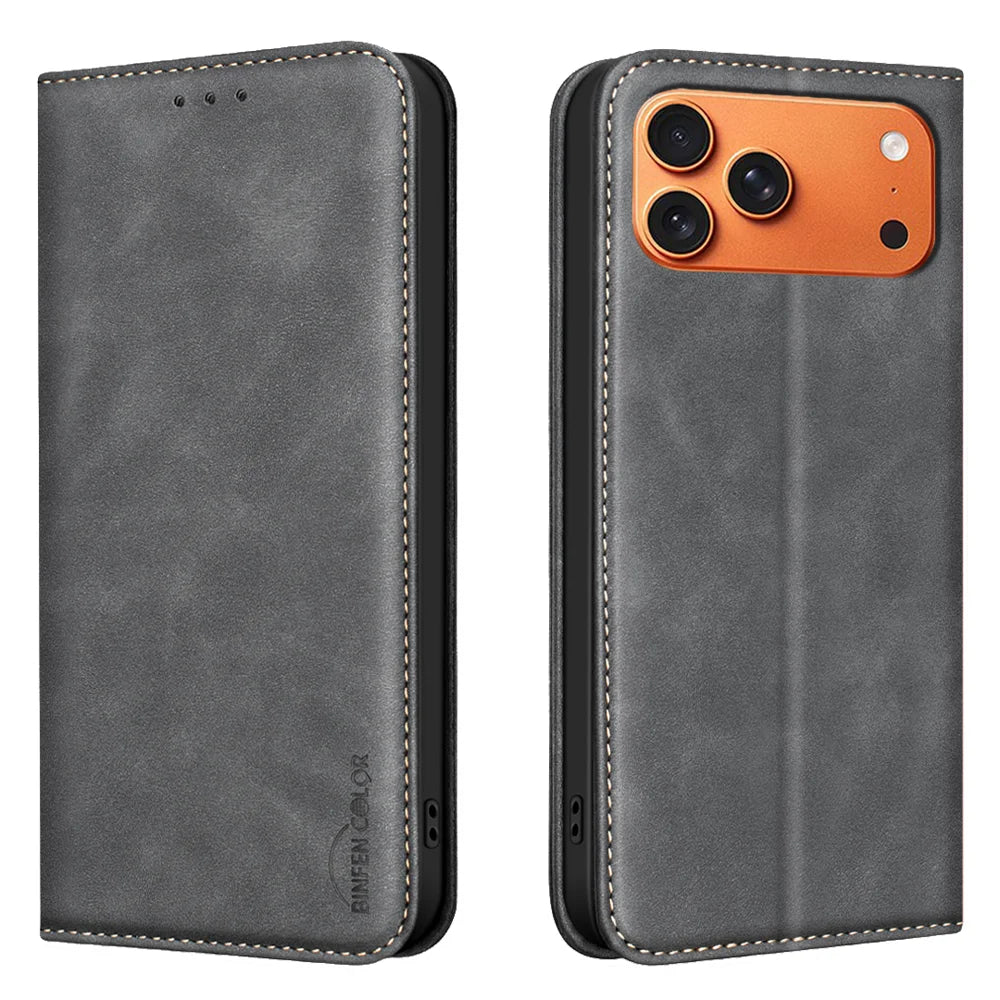 BINFEN COLOR for iPhone 18 Pro Max / 17 Pro Max RFID Blocking Calf Texture PU Leather Phone Cover - Black - 1