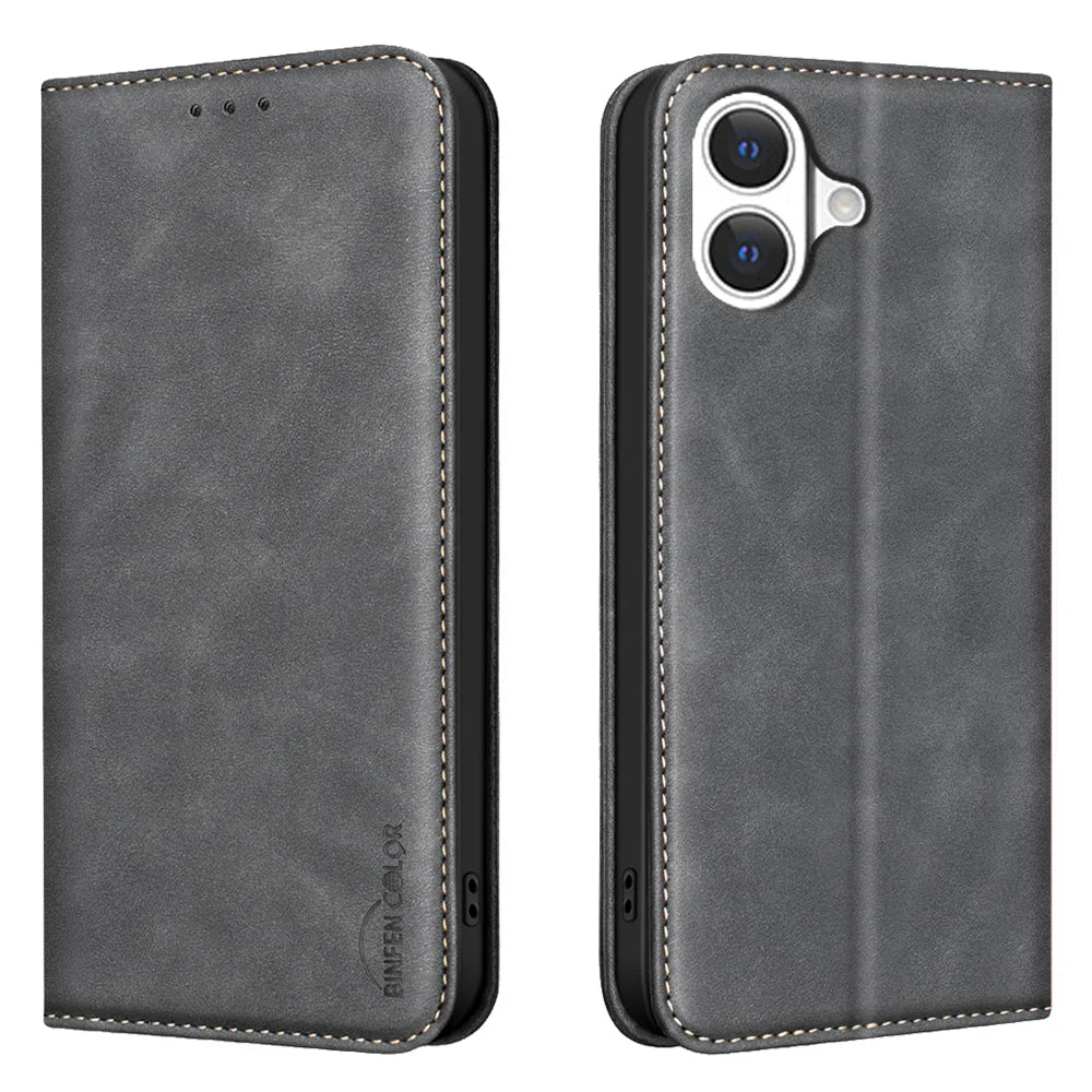 BINFEN COLOR for iPhone 17 RFID Blocking Calf Texture PU Leather Phone Cover - Black - 1