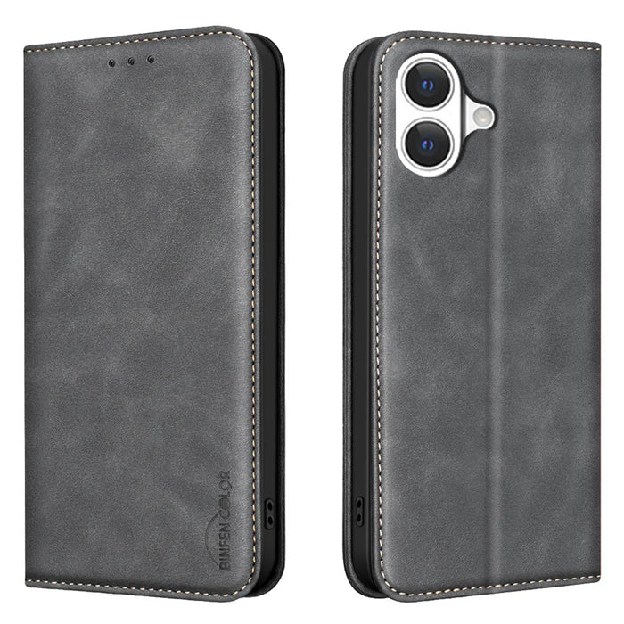 BINFEN COLOR for iPhone 17 RFID Blocking Calf Texture PU Leather Phone Cover - Black - 1