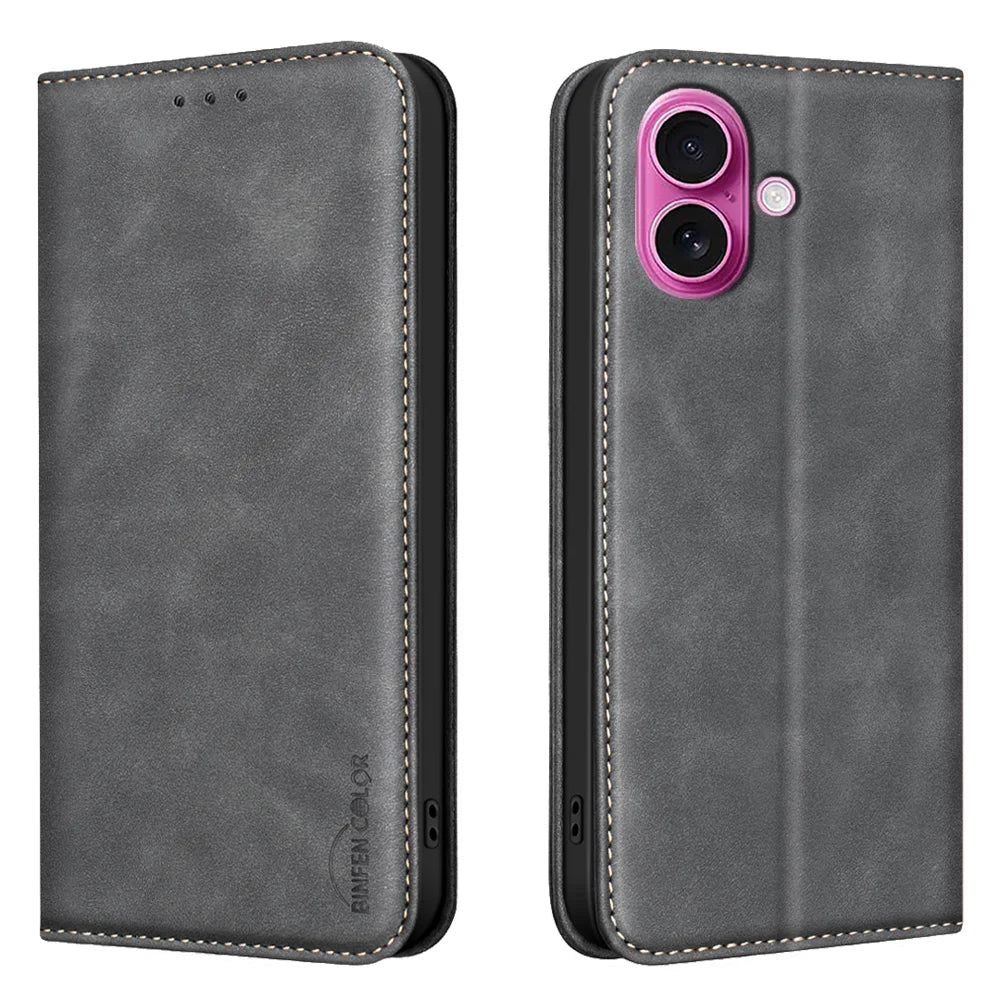 BINFEN COLOR for iPhone 16 RFID Blocking Calf Texture PU Leather Phone Cover - Black - 1