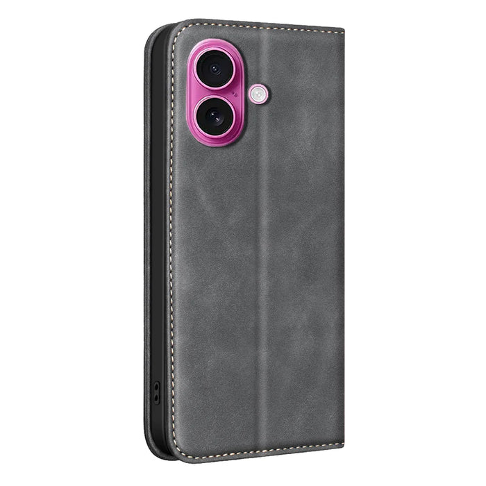 BINFEN COLOR for iPhone 16 RFID Blocking Calf Texture PU Leather Phone Cover - Black - 3
