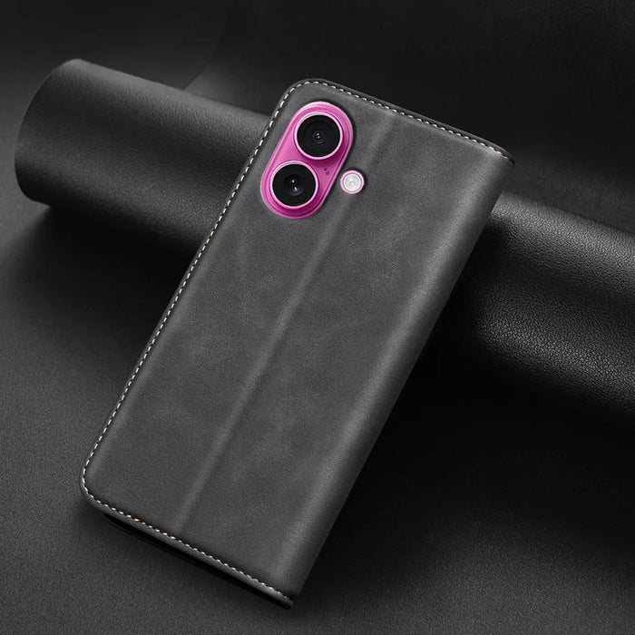 BINFEN COLOR for iPhone 16 RFID Blocking Calf Texture PU Leather Phone Cover - Black - 5