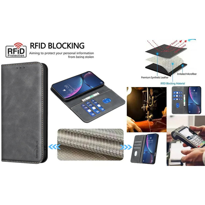 BINFEN COLOR for iPhone 16 RFID Blocking Calf Texture PU Leather Phone Cover - Black - 7