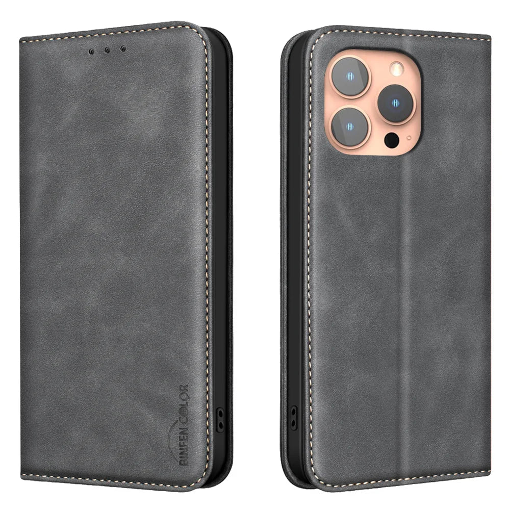 BINFEN COLOR for iPhone 16 Pro RFID Blocking Calf Texture PU Leather Phone Cover - Black - 1