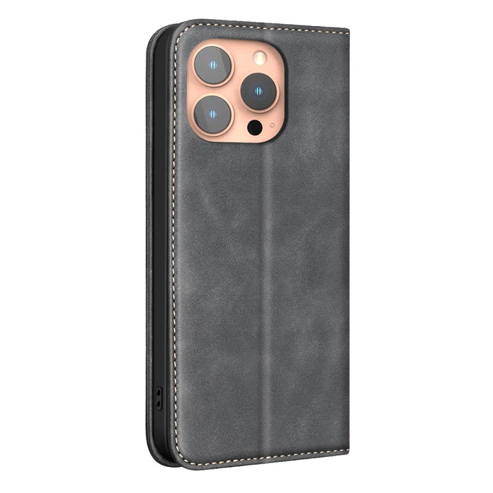 BINFEN COLOR for iPhone 16 Pro RFID Blocking Calf Texture PU Leather Phone Cover - Black - 3