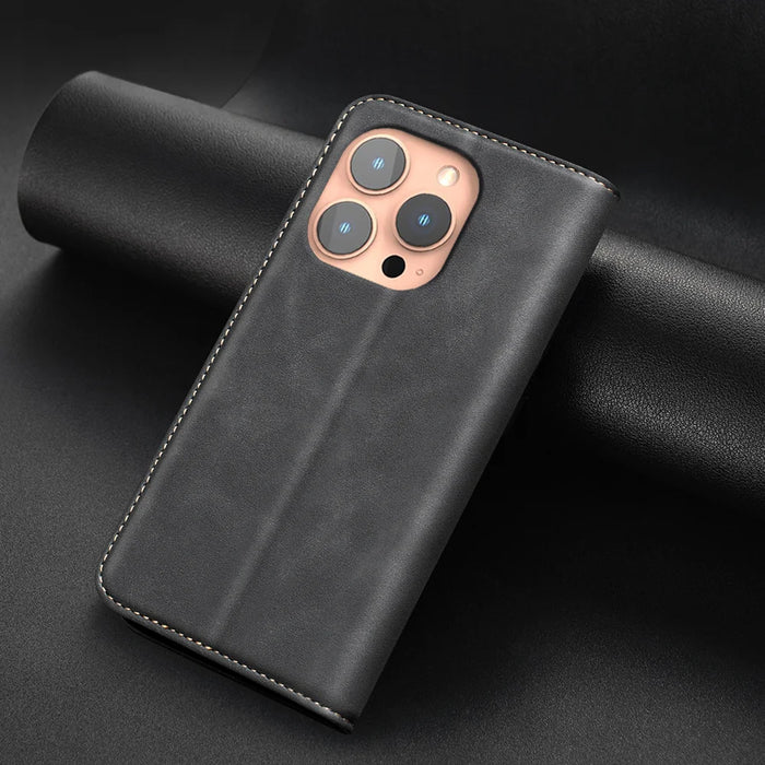 BINFEN COLOR for iPhone 16 Pro RFID Blocking Calf Texture PU Leather Phone Cover - Black - 5