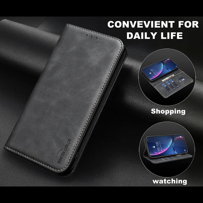 BINFEN COLOR for iPhone 16 Pro RFID Blocking Calf Texture PU Leather Phone Cover - Black - 6