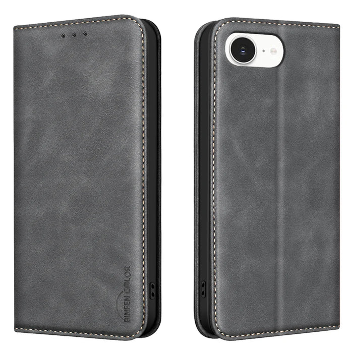BINFEN COLOR for iPhone 16e / iPhone 17e RFID Blocking Calf Texture PU Leather Phone Cover - Black - 1