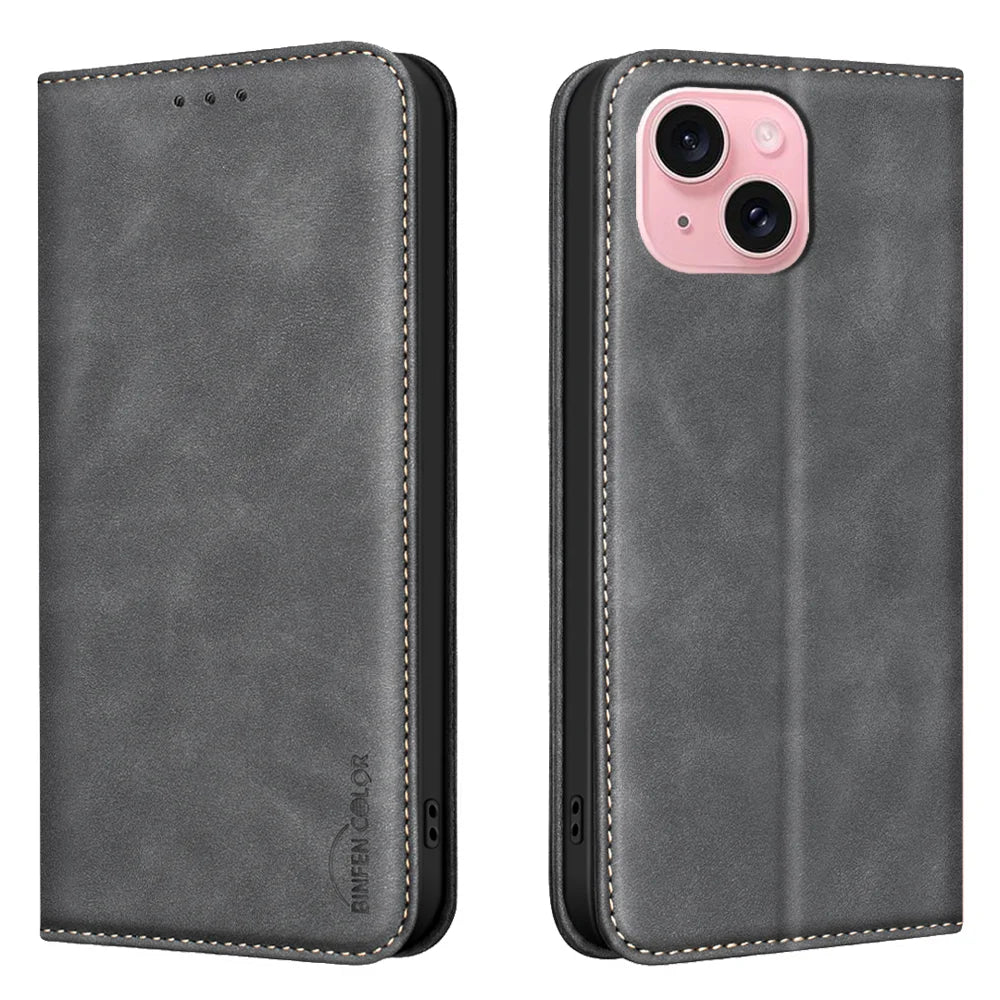 BINFEN COLOR for iPhone 15 RFID Blocking Calf Texture PU Leather Phone Cover - Black - 1