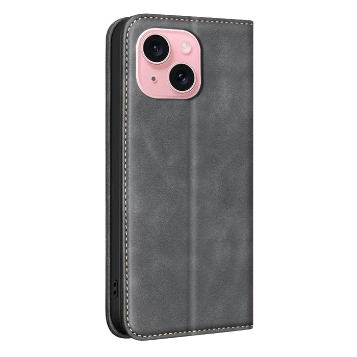 BINFEN COLOR for iPhone 15 RFID Blocking Calf Texture PU Leather Phone Cover - Black - 3