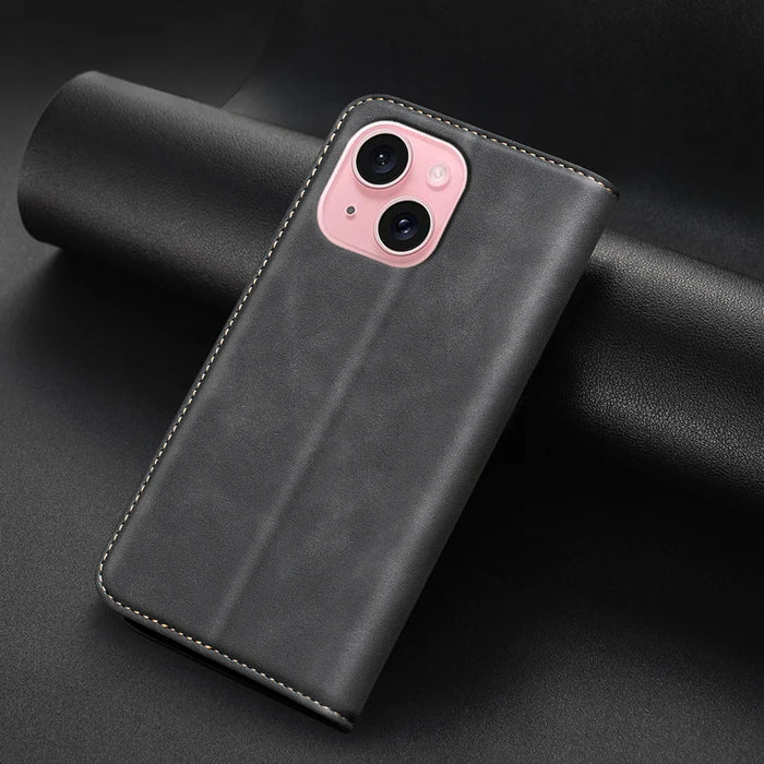 BINFEN COLOR for iPhone 15 RFID Blocking Calf Texture PU Leather Phone Cover - Black - 5