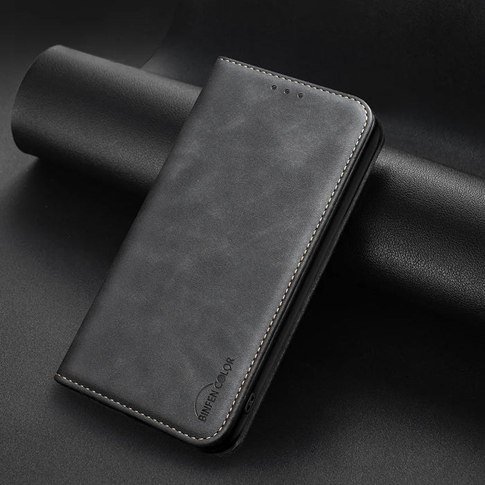 BINFEN COLOR for iPhone 13 Pro RFID Blocking Calf Texture PU Leather Phone Cover - Black - 4