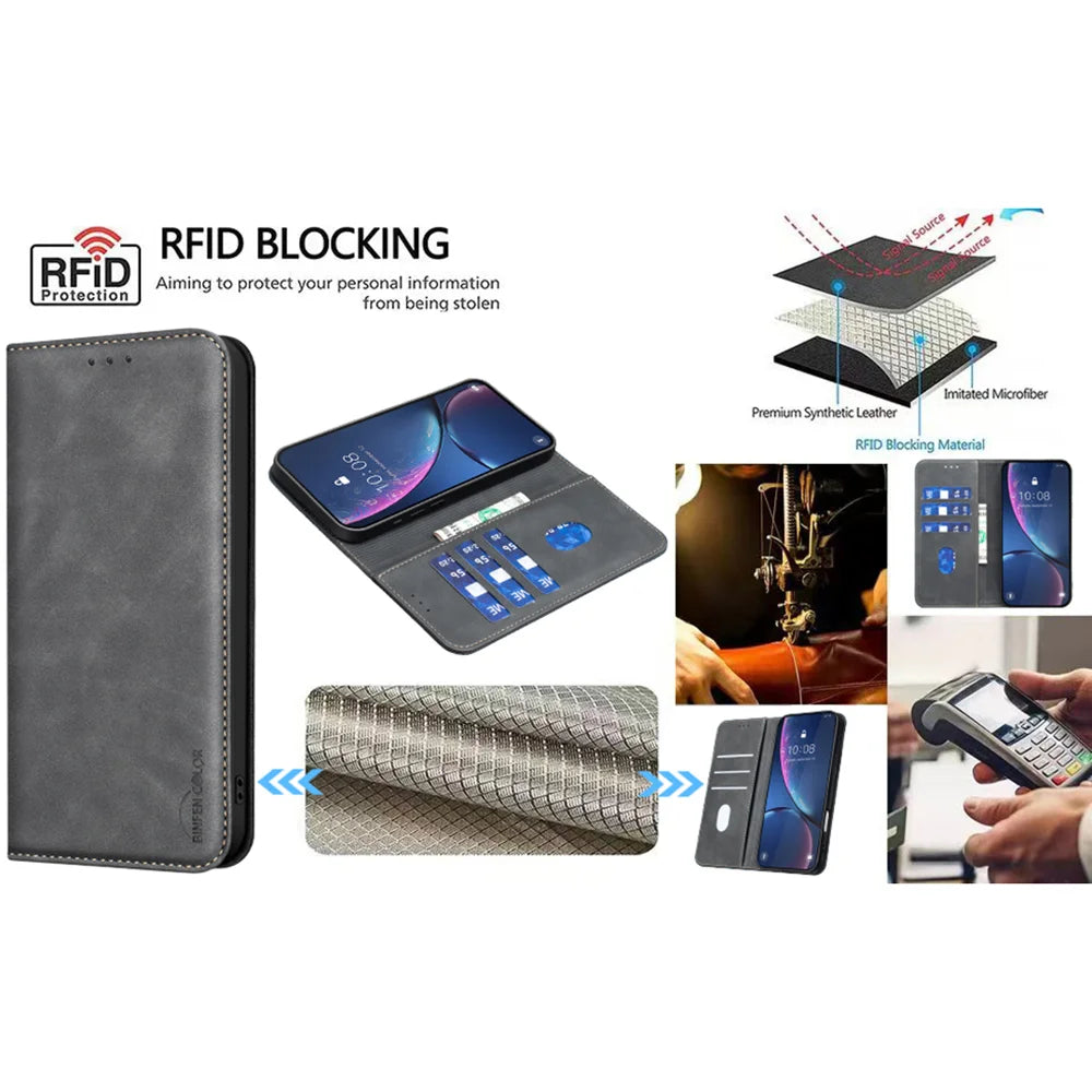 BINFEN COLOR for iPhone 13 Pro Max RFID Blocking Calf Texture PU Leather Phone Cover - Black - 7