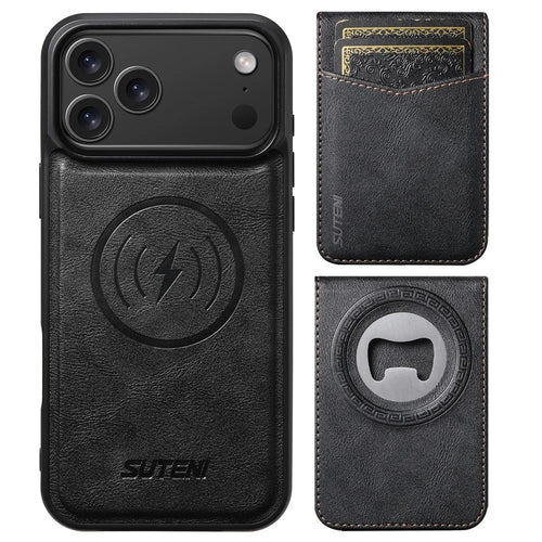 SUTENI for iPhone 17 Pro Max Magnetic Case Detachable Card Holder Bottle Opener RFID Blocking Phone Cover - Black - 1