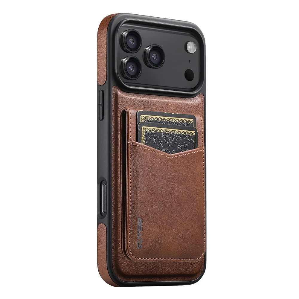 SUTENI G1S5 for iPhone 17 Pro Max Magnetic Case RFID Blocking Leather Back Cover with Detachable Card Holder Bottle Opener - Brown - 1