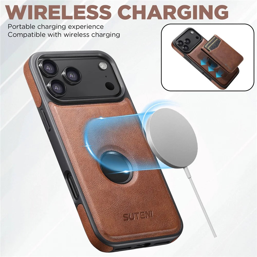 SUTENI G1S5 for iPhone 17 Pro Max Magnetic Case RFID Blocking Leather Back Cover with Detachable Card Holder Bottle Opener - Brown - 3