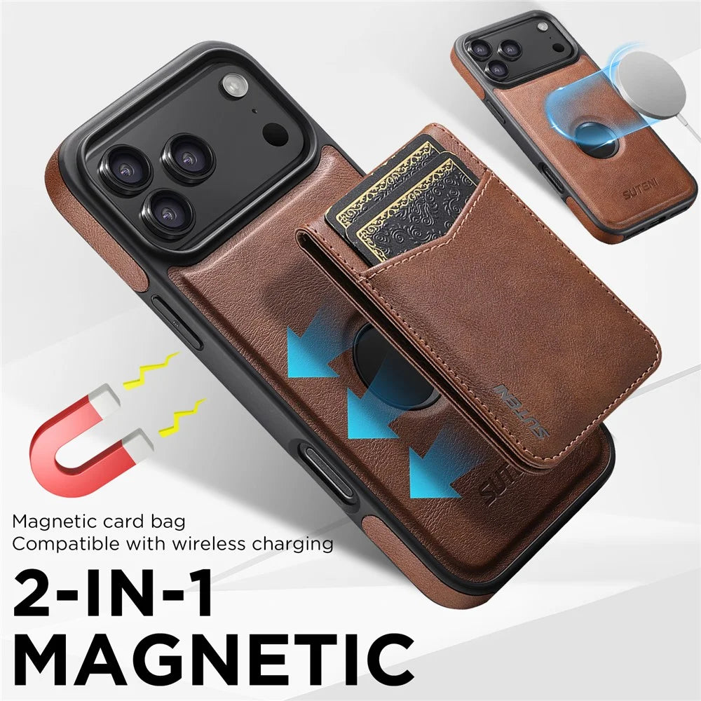 SUTENI G1S5 for iPhone 17 Pro Max Magnetic Case RFID Blocking Leather Back Cover with Detachable Card Holder Bottle Opener - Brown - 4