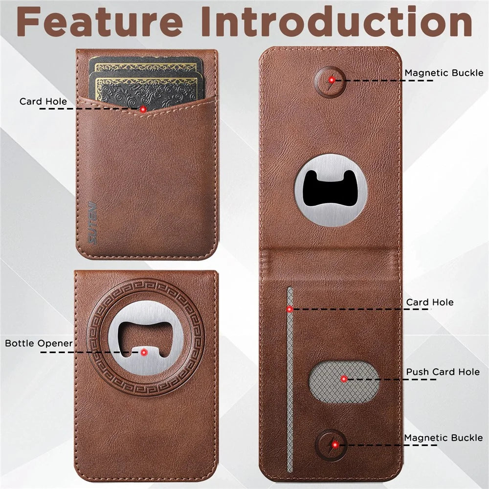 SUTENI G1S5 for iPhone 17 Pro Max Magnetic Case RFID Blocking Leather Back Cover with Detachable Card Holder Bottle Opener - Brown - 7