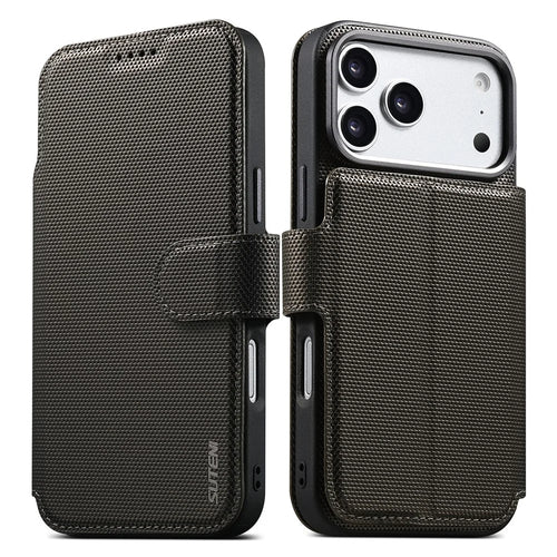 SUTENI Q09 for iPhone 17 Pro Leather Case Triangle Texture Wallet Folio Flip Phone Cover - Grey - 1