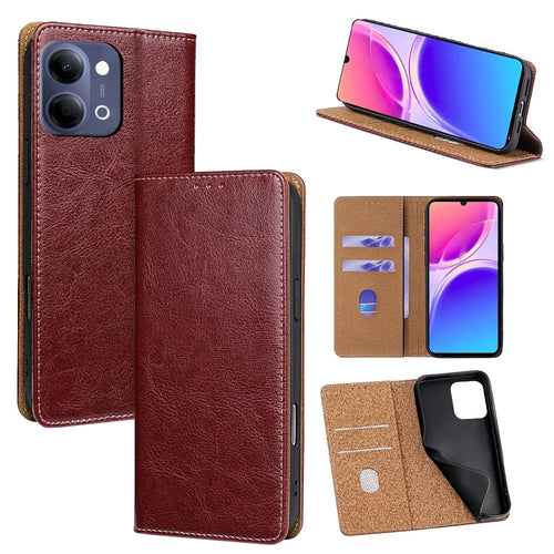 For vivo Y05 4G Case Genuine Cow Leather Stand Mobile Phone Cover with RFID Blocking Wallet - Red - 1