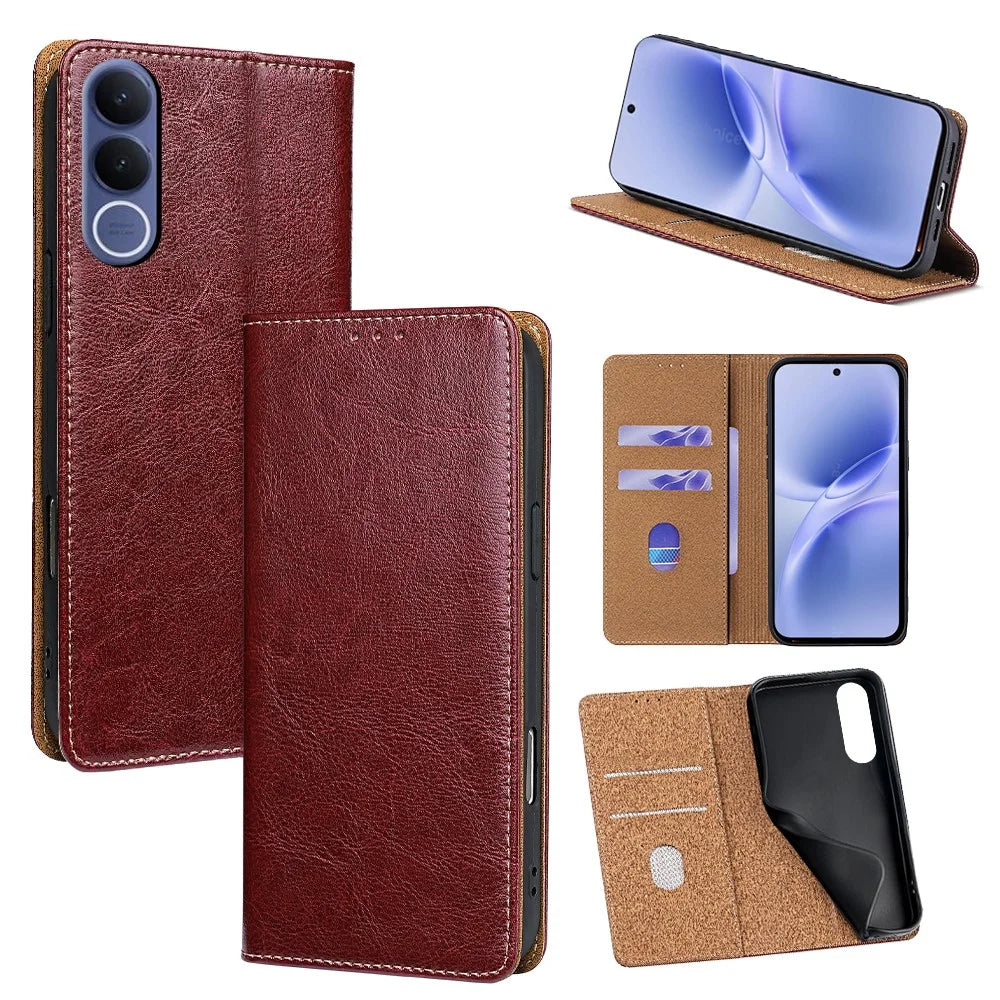 For vivo V70 FE 5G Case Genuine Cow Leather Stand Mobile Phone Cover with RFID Blocking Wallet - Red - 1