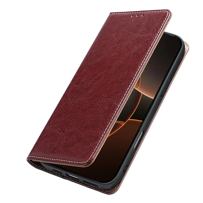 For vivo V70 FE 5G Case Genuine Cow Leather Stand Mobile Phone Cover with RFID Blocking Wallet - Red - 4