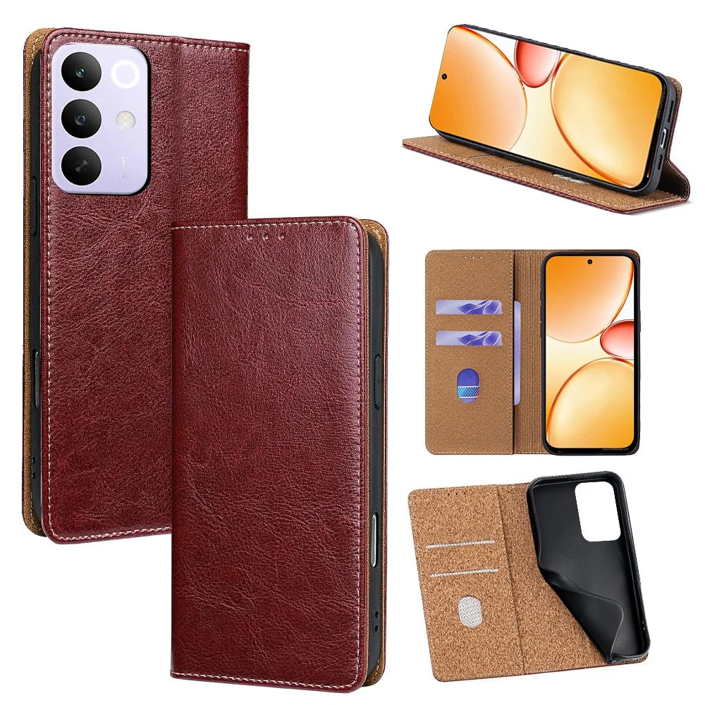 For Realme C85 Pro 4G Case Genuine Cow Leather Stand Mobile Phone Cover with RFID Blocking Wallet - Red - 1