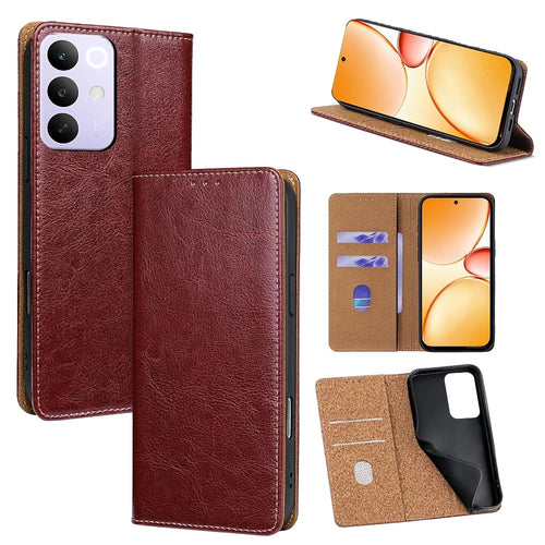 For Realme C85 Pro 4G Case Genuine Cow Leather Stand Mobile Phone Cover with RFID Blocking Wallet - Red - 1