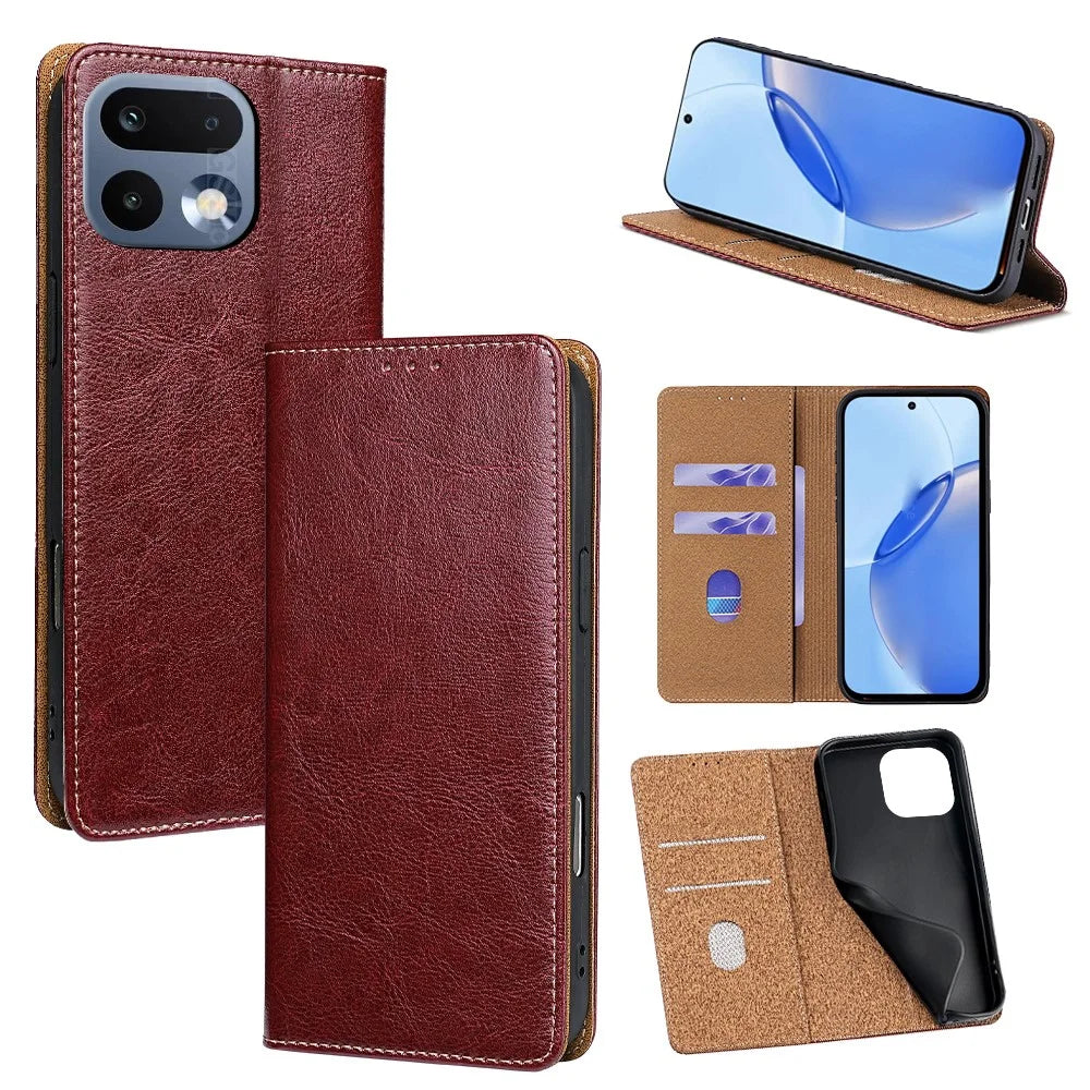 For Realme 16 Pro 5G Case Genuine Cow Leather Stand Mobile Phone Cover with RFID Blocking Wallet - Red - 1
