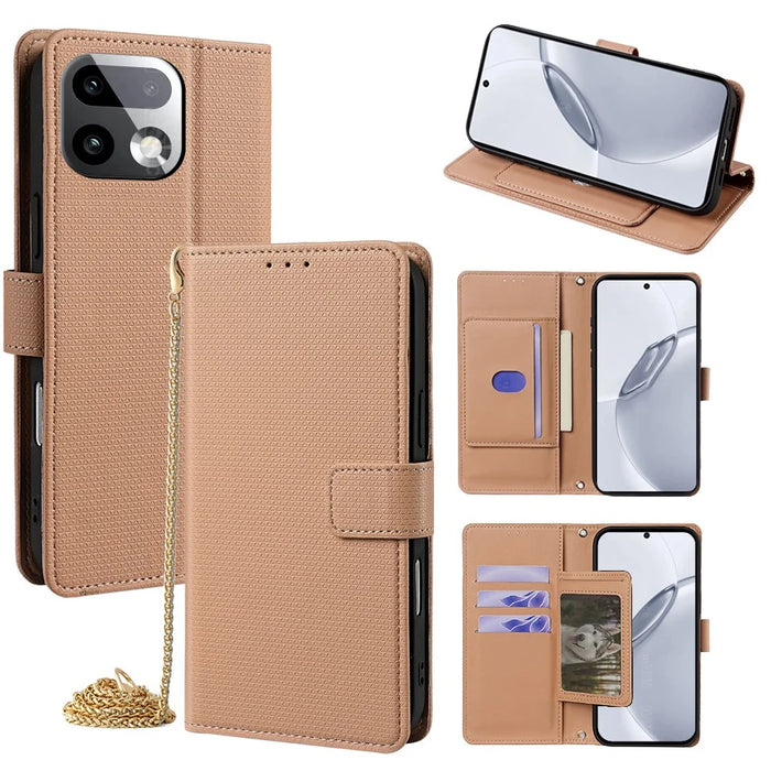 For Realme 16 Pro+ 5G Wallet Case Triangle Pattern Imprinted Stand Leather Phone Cover with Shoulder Strap - Brown - 1