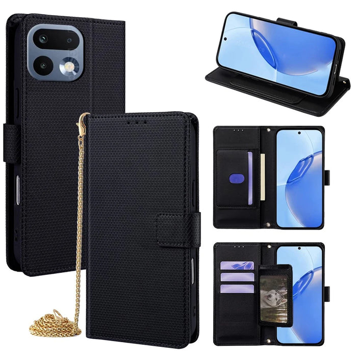 For Realme 16 Pro 5G Wallet Case Triangle Pattern Imprinted Stand Leather Phone Cover with Shoulder Strap - Black - 1