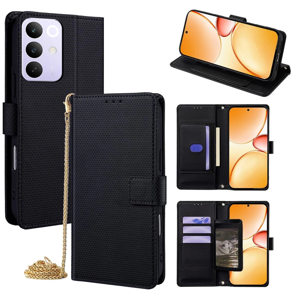 For Realme C85 Pro 4G Wallet Case Triangle Pattern Imprinted Stand Leather Phone Cover with Shoulder Strap - Black - 1
