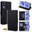 For vivo V70 FE 5G Wallet Case Triangle Pattern Imprinted Stand Leather Phone Cover with Shoulder Strap - Black - 1
