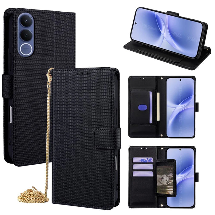 For vivo V70 FE 5G Wallet Case Triangle Pattern Imprinted Stand Leather Phone Cover with Shoulder Strap - Black - 1