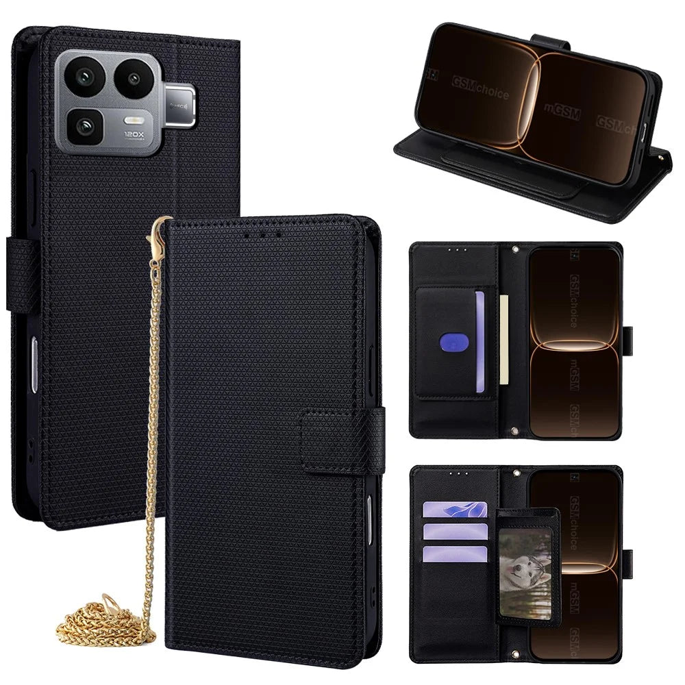 For Realme Neo8 5G Wallet Case Triangle Pattern Imprinted Stand Leather Phone Cover with Shoulder Strap - Black - 1