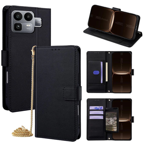 For Realme Neo8 5G Wallet Case Triangle Pattern Imprinted Stand Leather Phone Cover with Shoulder Strap - Black - 1