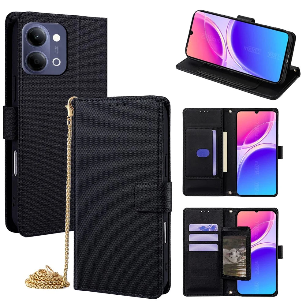 For vivo Y05 4G Wallet Case Triangle Pattern Imprinted Stand Leather Phone Cover with Shoulder Strap - Black - 1