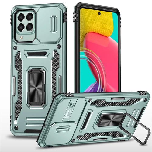 Armor Series for Samsung Galaxy M53 5G Kickstand Design Bump Proof Phone Case PC + TPU Protective Back Cover with Slide Camera Cover - Green - 1