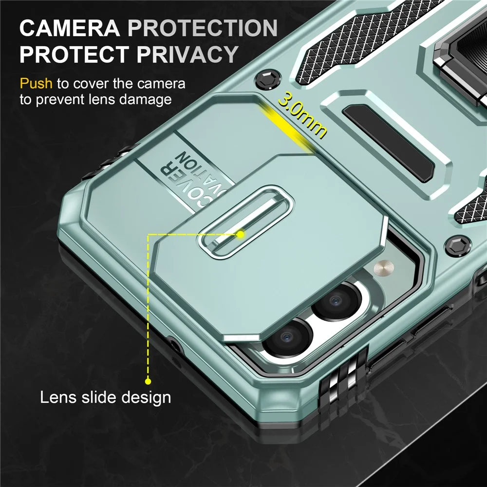Armor Series for Samsung Galaxy M53 5G Kickstand Design Bump Proof Phone Case PC + TPU Protective Back Cover with Slide Camera Cover - Green - 5