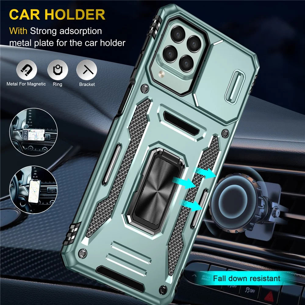 Armor Series for Samsung Galaxy M53 5G Kickstand Design Bump Proof Phone Case PC + TPU Protective Back Cover with Slide Camera Cover - Green - 6
