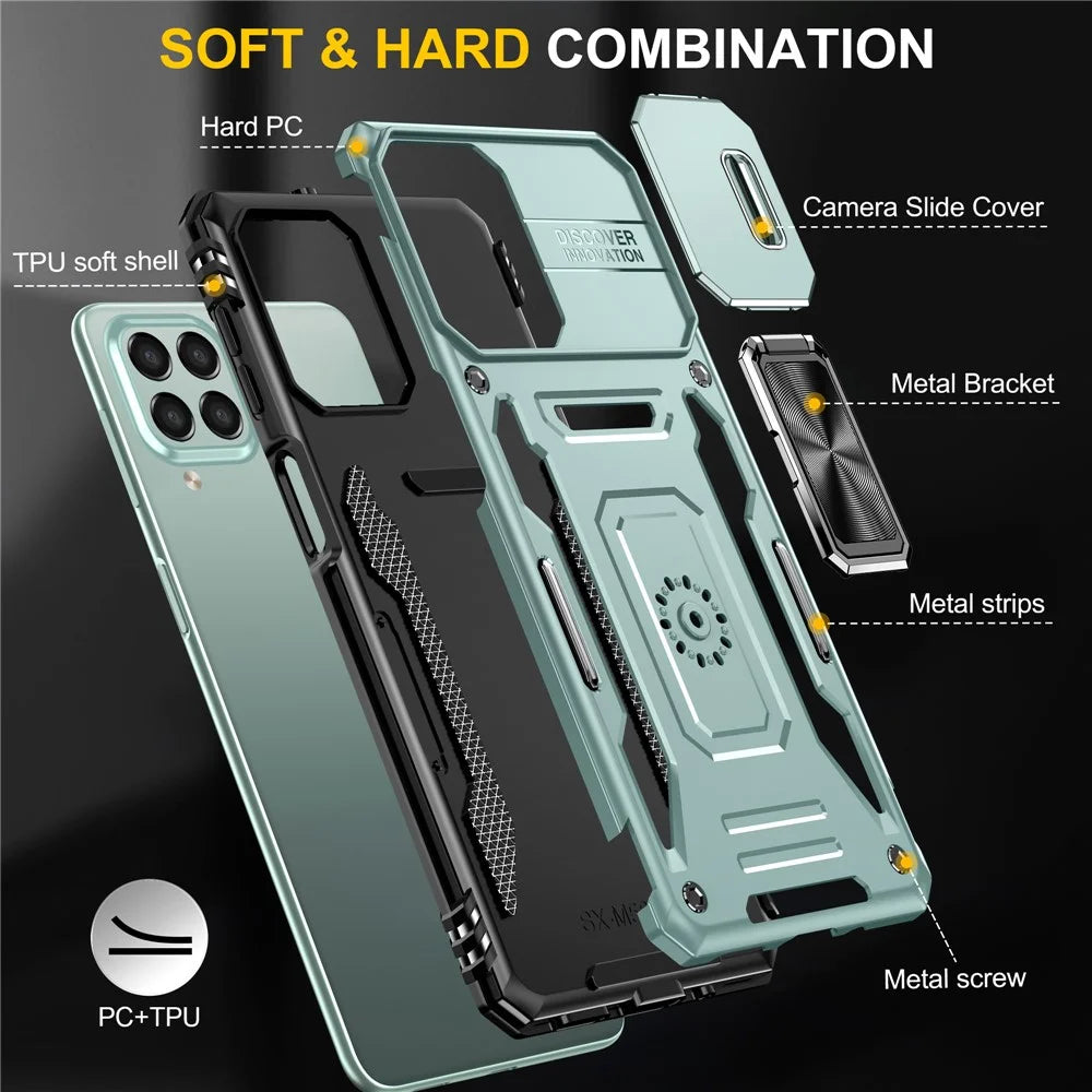 Armor Series for Samsung Galaxy M53 5G Kickstand Design Bump Proof Phone Case PC + TPU Protective Back Cover with Slide Camera Cover - Green - 7
