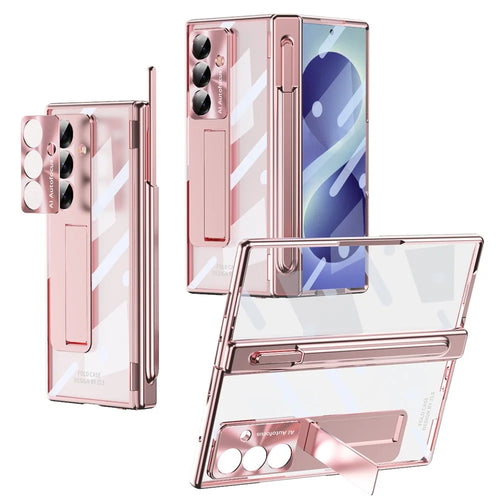 For Samsung Galaxy Z Fold8 Ultra Case Hidden Kickstand Magnetic Hinge PC Phone Cover with Stylus Tempered Glass Film - Rose Gold - 1