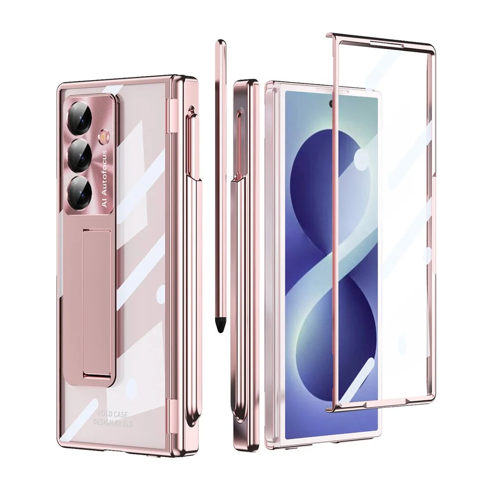 For Samsung Galaxy Z Fold8 Ultra Case Hidden Kickstand Magnetic Hinge PC Phone Cover with Stylus Tempered Glass Film - Rose Gold - 2
