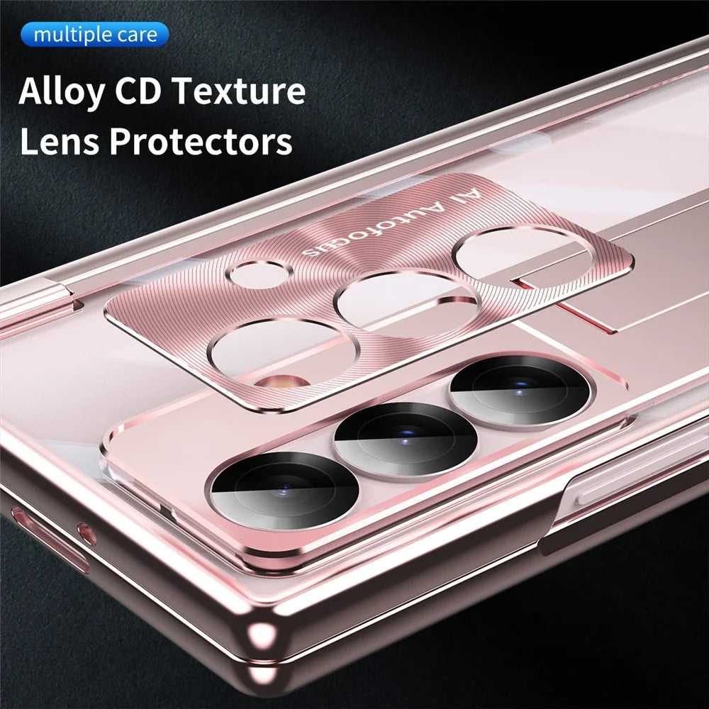 For Samsung Galaxy Z Fold8 Ultra Case Hidden Kickstand Magnetic Hinge PC Phone Cover with Stylus Tempered Glass Film - Rose Gold - 6
