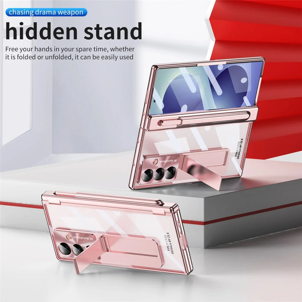 For Samsung Galaxy Z Fold8 Ultra Case Hidden Kickstand Magnetic Hinge PC Phone Cover with Stylus Tempered Glass Film - Rose Gold - 7